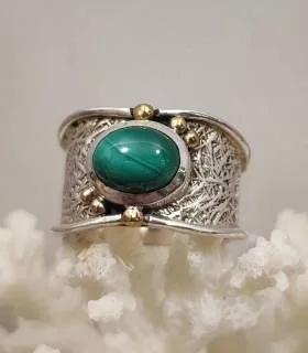 bague ethnique tribal argent et laiton pierre naturelle de Malachite.