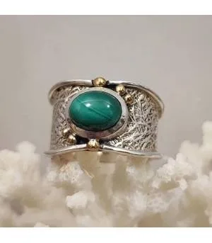bague ethnique tribal argent et laiton pierre naturelle de Malachite.