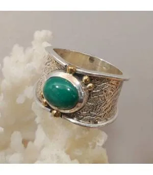 bague ethnique tribal argent et laiton pierre naturelle de Malachite.