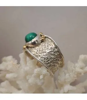 bague ethnique tribal argent et laiton pierre naturelle de Malachite.