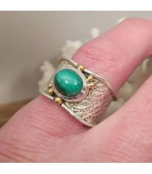 bague ethnique tribal argent et laiton pierre naturelle de Malachite.