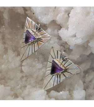 Boucles d'oreilles ethniques argent et pierres naturelles d'améthystes.