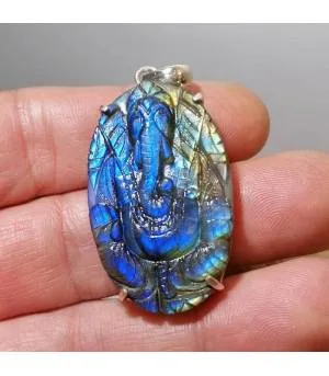 Pendentif Ganesha argent et pierre naturelle de labradorite.