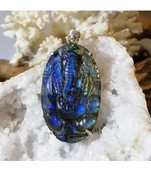 Pendentif Ganesha argent et pierre naturelle de labradorite.