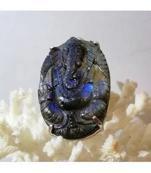 Pendentif Ganesha argent et pierre naturelle de labradorite.