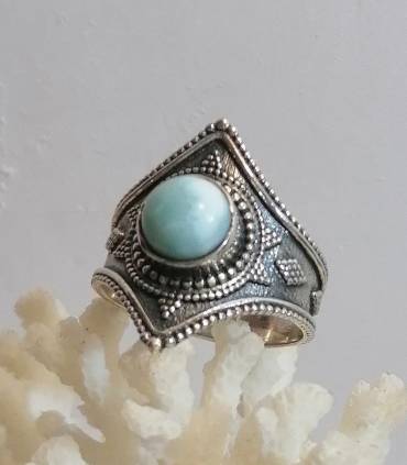 Bague ethnique en argent et pierre naturelle de larimar