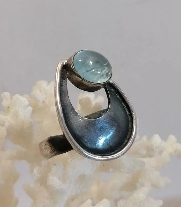 bague ethnique argent et pierre naturelle d'aigue-marine