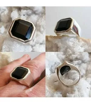 Bague argent chevalière pierre onyx noir.