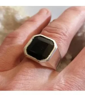 Bague argent chevalière pierre onyx noir.