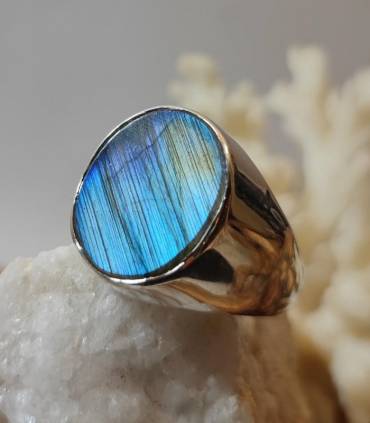 Bague argent épuré chevalière pierre naturelle labradorite