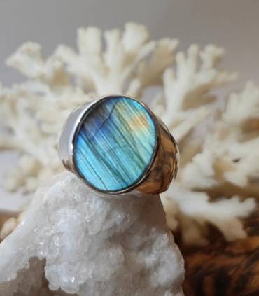 Bague argent épuré chevalière pierre naturelle labradorite