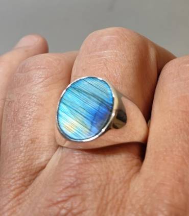 Bague argent épuré chevalière pierre naturelle labradorite