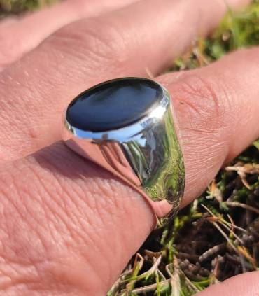 Bague argent chevalière pierre naturelle d'onyx noire