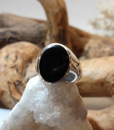 Bague argent chevalière pierre naturelle d'onyx noire