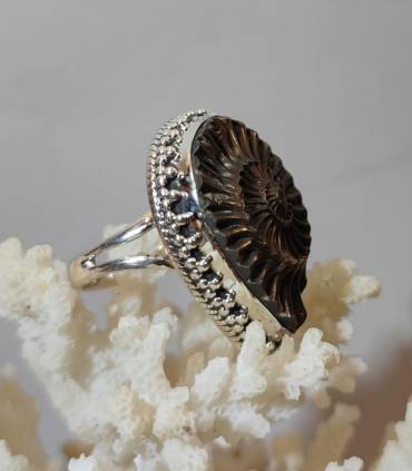 Bague royale en argent et ammonite fossilisé en pyrite