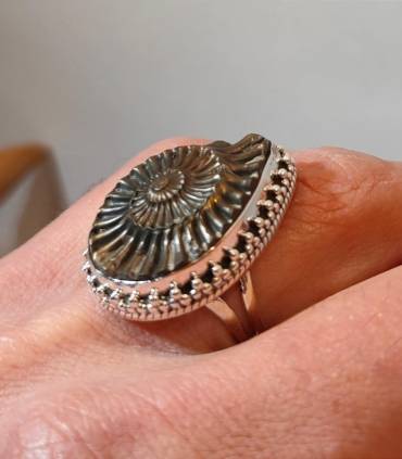 Bague royale en argent et ammonite fossilisé en pyrite