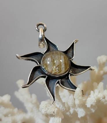 Pendentif "sunshine" en argent et pierre naturelle de quartz rutilé doré