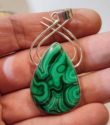 Pendentif arabesque argent bijou ethnique pierre naturelle malachite.