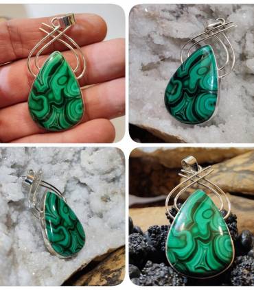 Pendentif arabesque argent bijou ethnique pierre naturelle malachite.